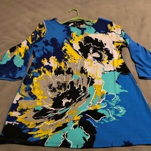 Style Company Vibrant Blue Yellow Black Brush Stroke Long Boho Blouse size Large